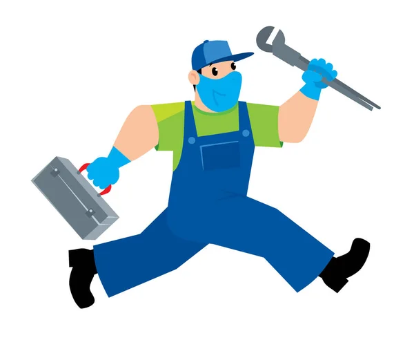 Funny Repairman Plumber Tools Running Technical Service Vector Illustration Cartoon — Stock Vector