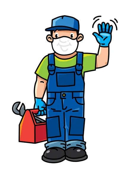 Funny Repairman Plumber Tools Wavin Hand Technical Service Vector Illustration — Stock Vector