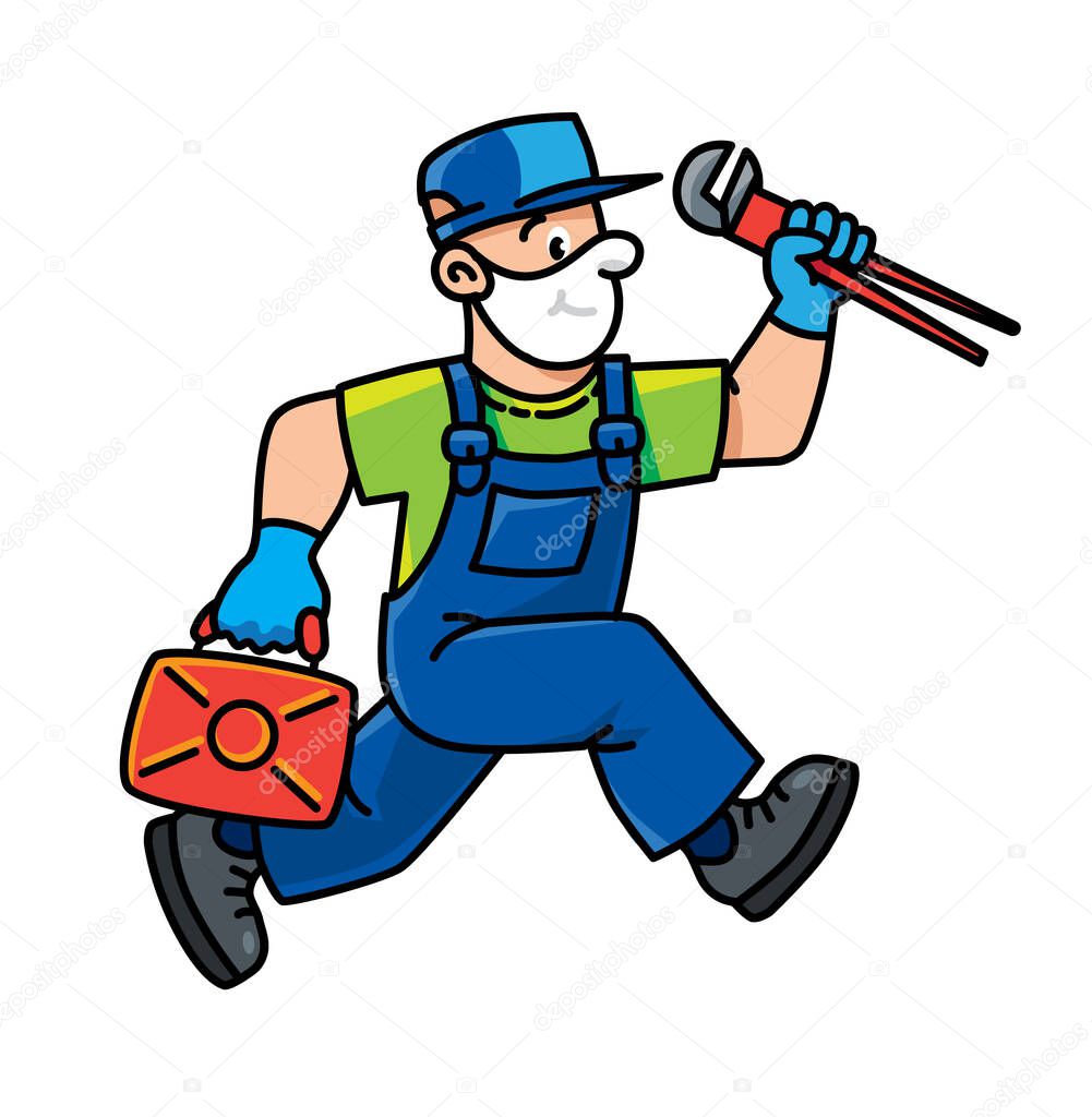 Funny repairman or plumber with the tools is running. Technical service. Vector illustration. Cartoon character in a medical mask and gloves, protected from viruses