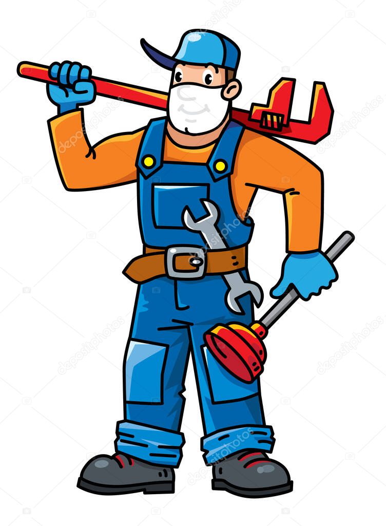 Funny repairman or plumber with the tools. Technical service. Vector illustration. Cartoon character in a medical mask and gloves, protected from viruses
