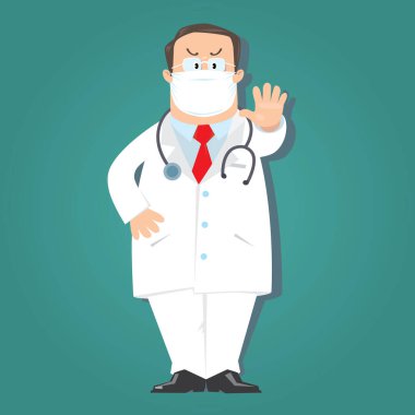 Koruyucu maskeli beyaz önlüklü komik doktor ve mavi-yeşil arka planda eldivenler. Çocuk vektör illüstrasyonu