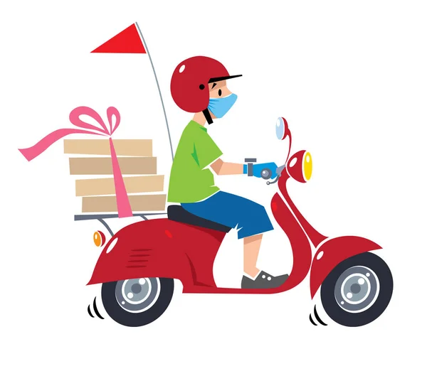 Emblema Pizza Divertida Mensajero Casco Monta Una Scooter Con Cajas — Vector de stock