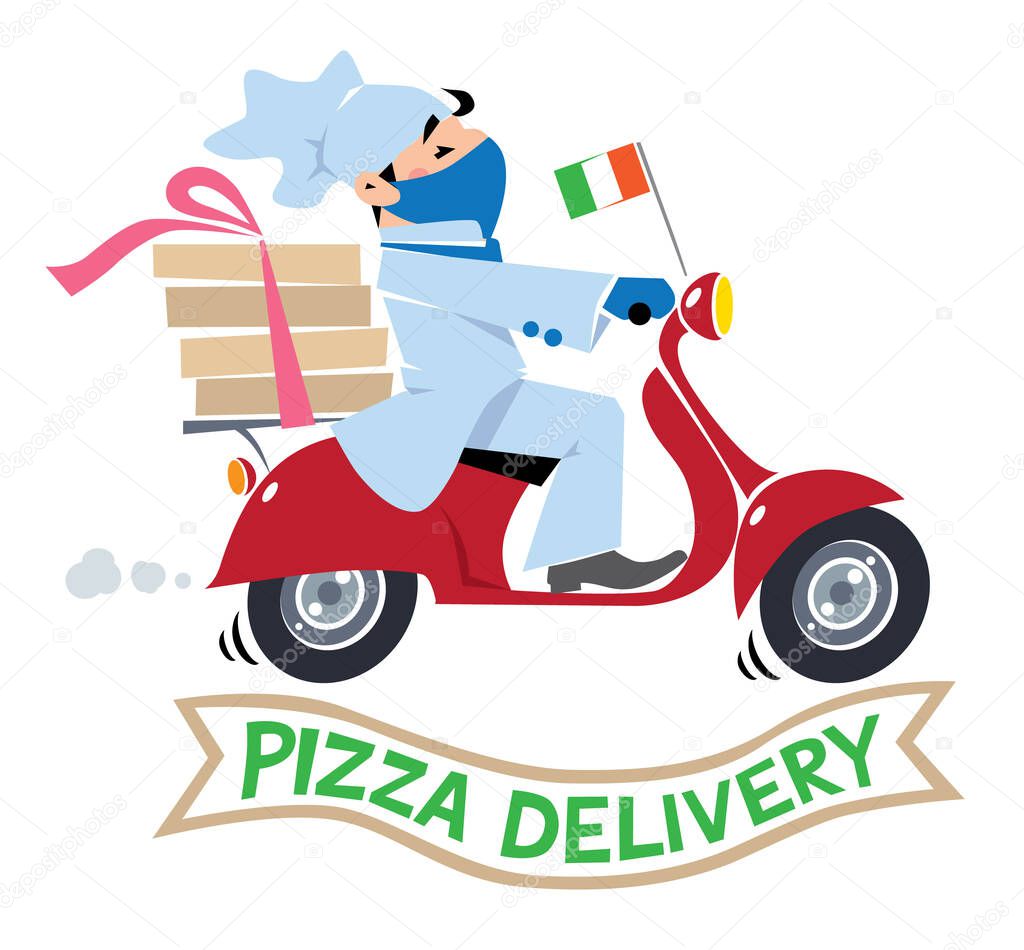 Pizza chef or baker rides a scooter with boxes of pizza. Courier or delivery boy in protective mask and gloves against the coronavirus or covid-19. Vector illustration. Cartoon and Pizza Delivery logo
