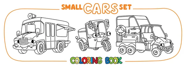 Roliga små bilar med ögon. Färgläggningsbok set — Stock vektor