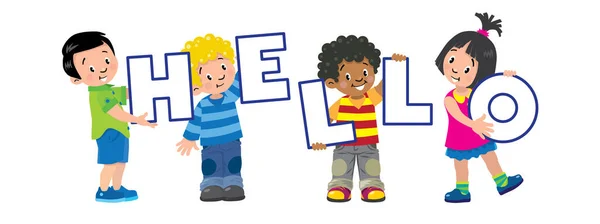 Ensemble enfants. Sourire cinq enfants avec des lettres HELLO — Image vectorielle