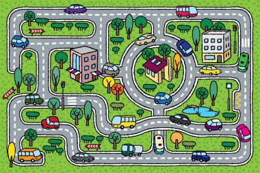 Şehir düzeni. Yollar, arabalar, çimen alanları