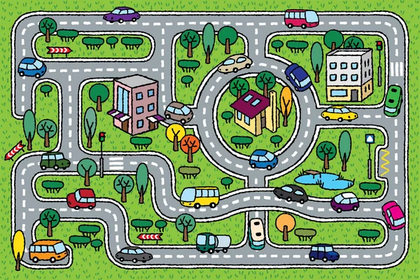 城市模式。道路、汽车、草地背景 — 图库矢量图片