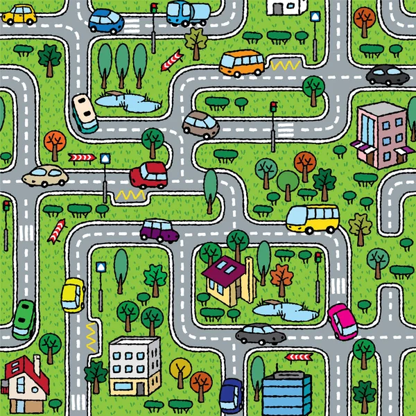 城市无缝模式。道路、汽车、草地背景 — 图库矢量图片