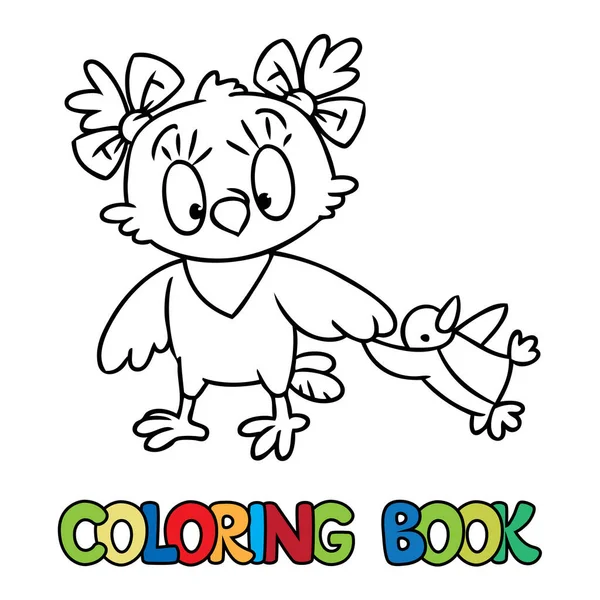 Libro da colorare di piccolo gufo divertente con una bambola — Vettoriale Stock