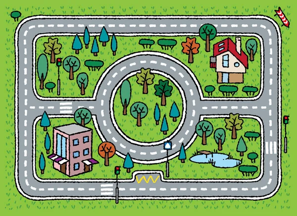 城市道路模式 有道路 树木和建筑物的病媒背景模式 儿童矢量图解或迷宫 汽车用地毯 — 图库矢量图片