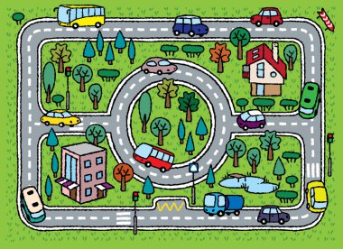 Şehir yolu modeli. Yolların, çimenlerin, ağaçların, binaların ve arabaların vektör arkaplan deseni. Çocuklar illüstrasyon ya da labirent çizer. Halı.