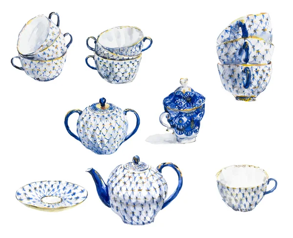 茶水服务。美丽的瓷套。集合的器具. — 图库照片