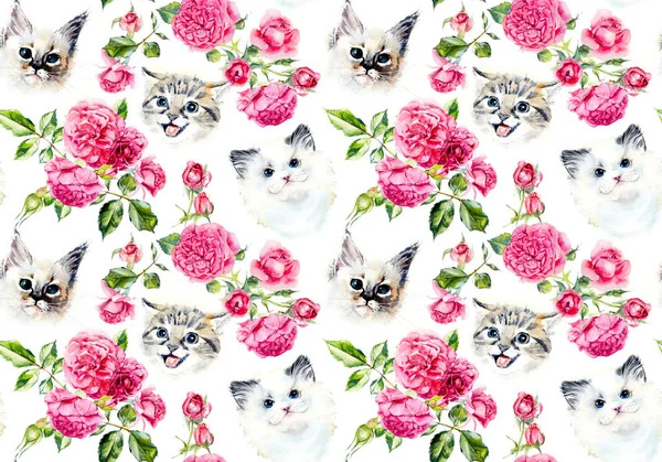 Naadloze patroon met katten en rozen. — Stockfoto