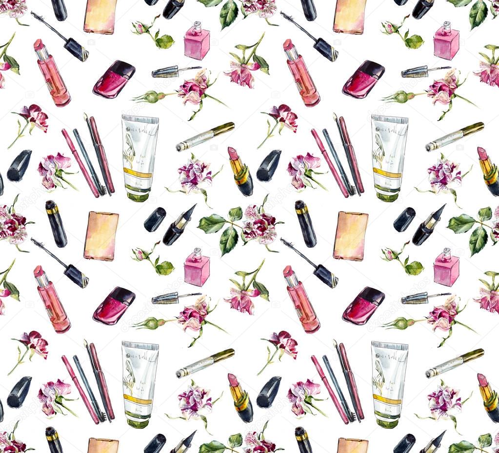 Seamless pattern. Cosmetics and roses