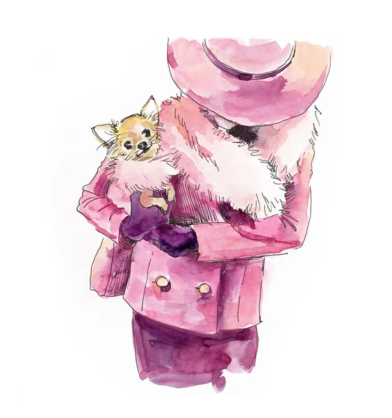 Chihuahua. Dog on hands at the hostess. Watercolor hand drawn illustration