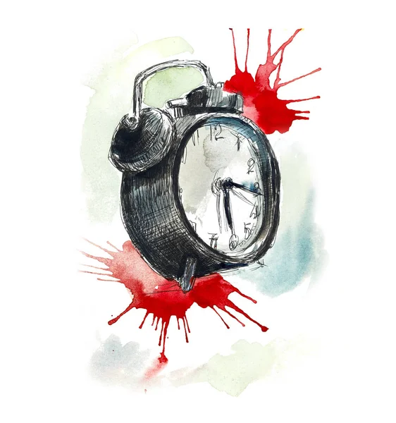 Old clock. Sketch objects. Hand drawing. Gel pen. Watercolor sketch with splash