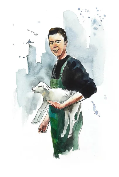 The shepherd with lamb. Hand drawn watercolor illustration. Sketch with gel pen