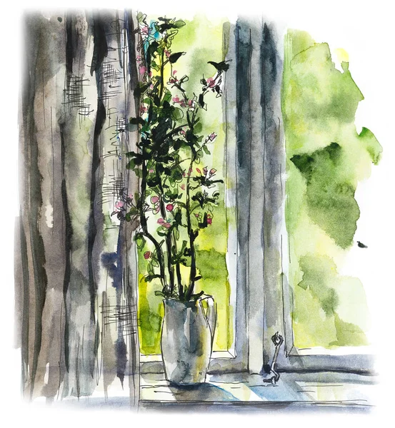 Vase with apple flowers. Spring window. Watercolor hand drawn illustration