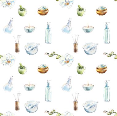 Spa tedavileri ile kusursuz bir desen. Spa salonu için hazır. Suluboya el çizimi çizimi.