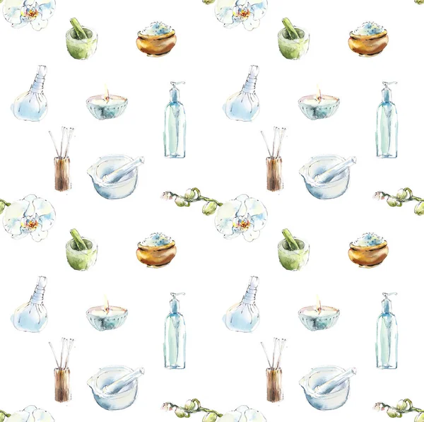 Seamless pattern with spa treatments. Set for SPA salon. Watercolor hand drawn illustration. — Stock Photo, Image