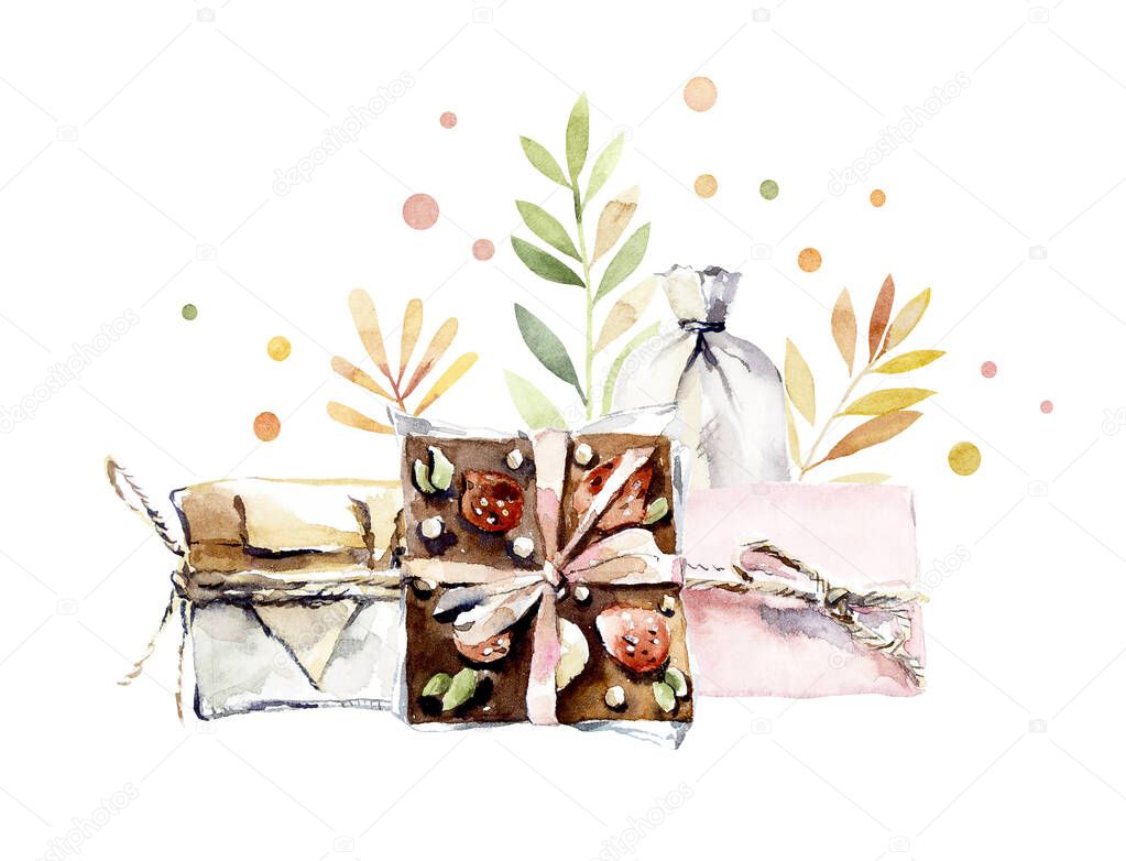 Craft set for a stylish gift. Watercolor hand drawn illustration