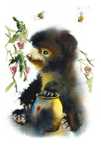 Orso Con Pentola Miele Cespugli Lamponi Illustrazione Disegnata Mano Acquerello — Foto Stock
