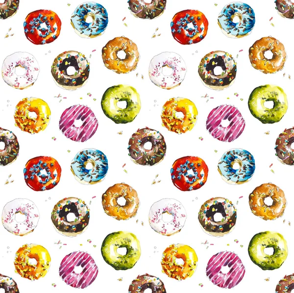 Donuts Coloridos Padrão Sem Costura Ilustração Desenhada Mão Aquarela — Fotografia de Stock