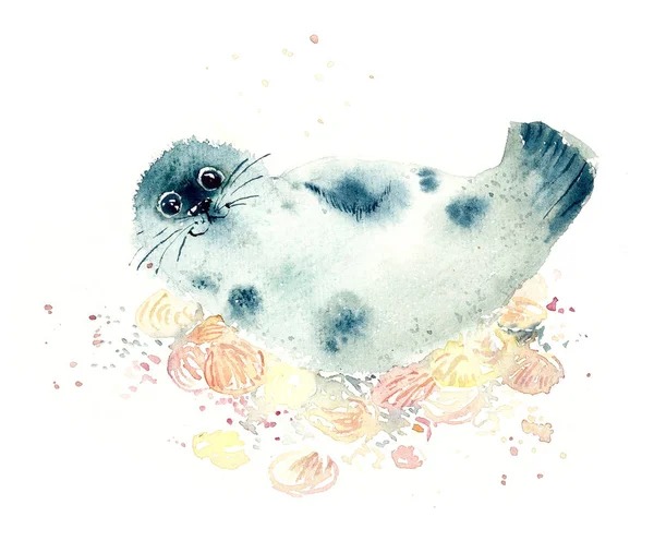 Funny Seal Shells Watercolor Hand Drawn Illustration — Stock Photo, Image