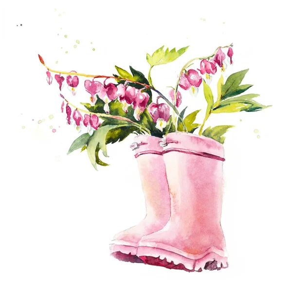 Wzór Złamanych Kwiatów Serca Gumowych Butach Malowanie Akwarelami Tło Kwiatowe — Zdjęcie stockowe