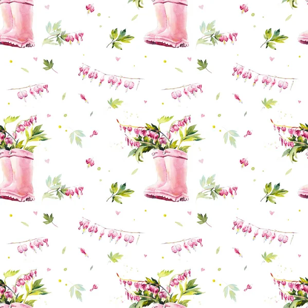 Seamless Pattern Broken Heart Flowers Rubber Boots Watercolor Painting Flower — Stock Photo, Image