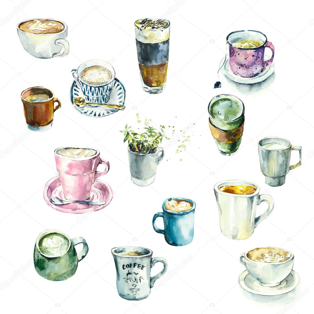 Set from tea and coffee cups and mugs. Watercolor hand drawn illustration. 