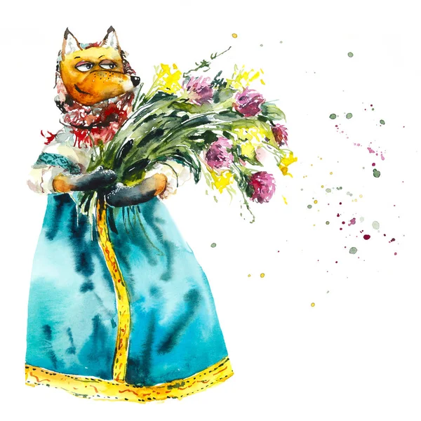 Fairy tale fox-girl with meadow flowers bouquet. Russian traditional costume. Watercolor hand drawn illustration.