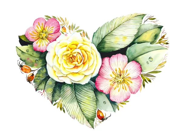 Hart Van Bloemen Wenskaarten Bruiloft Tekeningen Bloemenachtergrond Aquarel Hand Getekend — Stockfoto