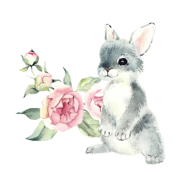 Pink Flowers Rabbit Hand Drawing Water Color Spring Composition — Stock Photo, Image