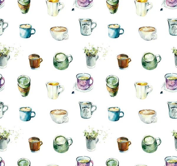 Seamless Pattern Tea Coffee Cups Mugs Watercolor Hand Drawn Illustration — Stock Photo, Image