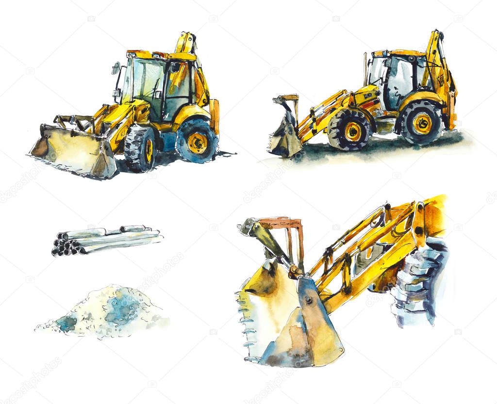 Yellow tractor. Bulldozer and excavator. Hand drawn watercolor illustration. Sketch