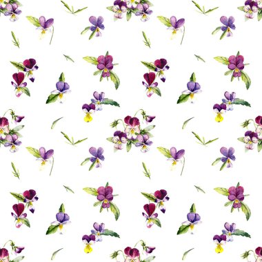 Menekşelerden kusursuz desen. Çiçek arkaplanı. Çiçek açan menekşelerle dekorasyon, el çizimi. Suluboya Çizimi.