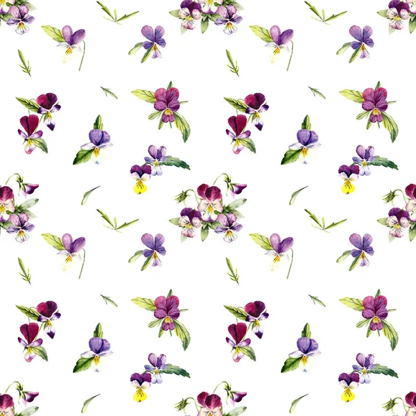 Seamless pattern from violets. Flower backdrop. Decoration with blooming violets, hand drawing.  Watercolor Illustration.