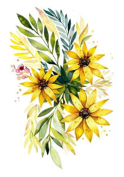 Modèle Fleurs Jaunes Des Dessins Mariage Aquarelle Cartes Vœux Composition — Photo