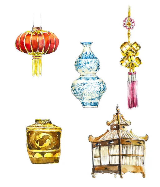 Things from Thailand. Paper red lantern, vases, bird cage and bubbles on cord. Watercolor hand drawn illustration. Sketch style.