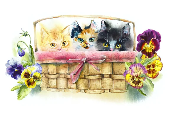 Trois Chatons Sur Panier Avec Des Fleurs Fond Fleurs Décoration — Photo