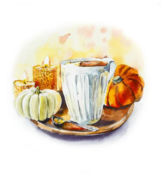 Croquis Tasse Thé Avec Citrouilles Bougie Aquarelle Illustration Peinte Main — Photo