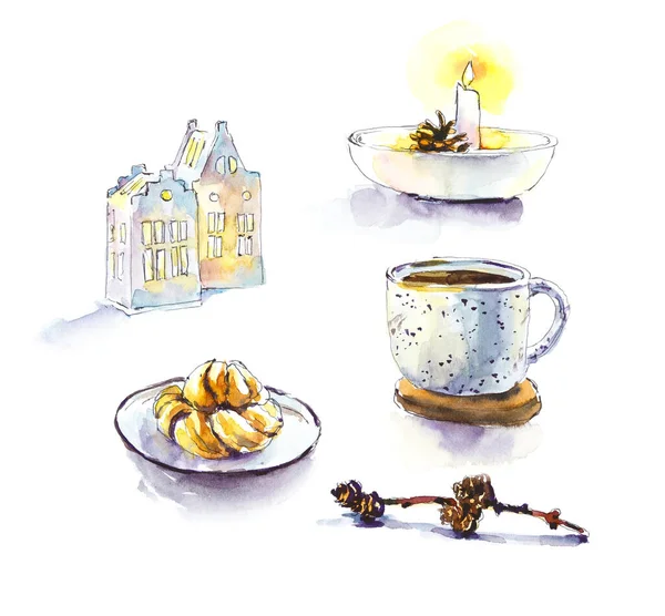 Eine Tasse Tee Sketch Teatime Herbst Und Winter Aquarell Handgemalte — Stockfoto