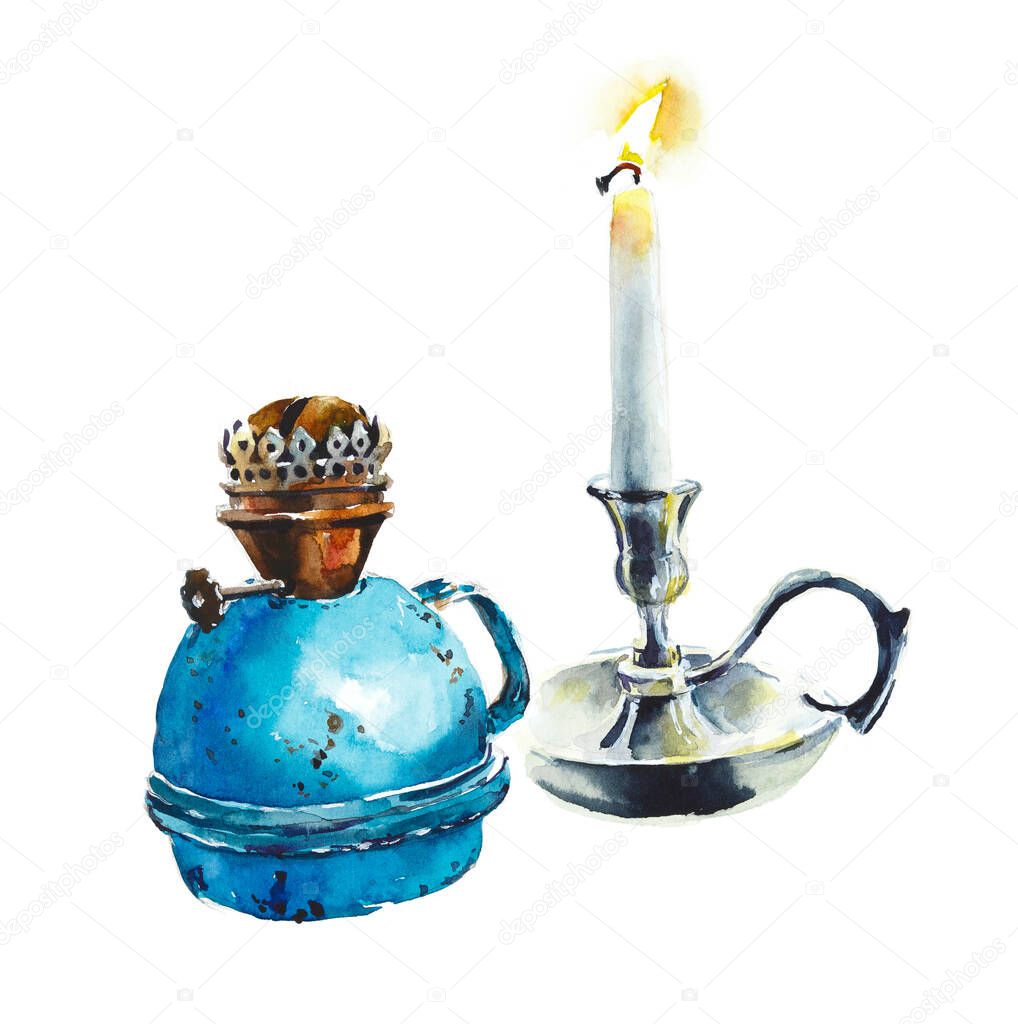 Kerosene lamp and candle. Watercolor hand drawn illustration