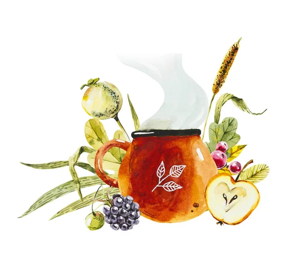 Herbstliche Rote Tasse Vorhanden Herbst Teatime Aquarell Handgemalte Illustration — Stockfoto