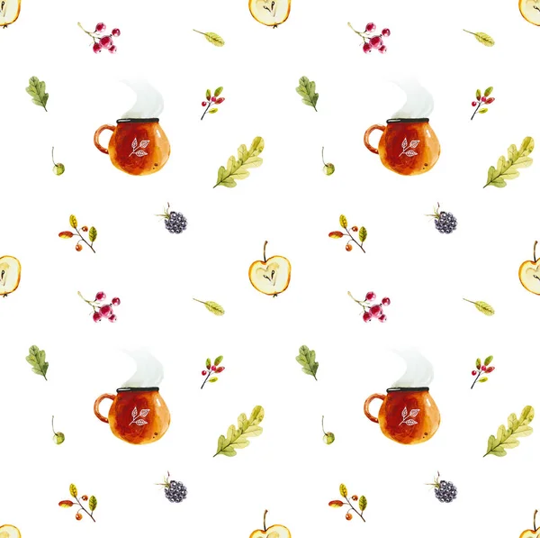 Modèle Sans Couture Automne Avec Tasse Rouge Fall Teatime Aquarelle — Photo