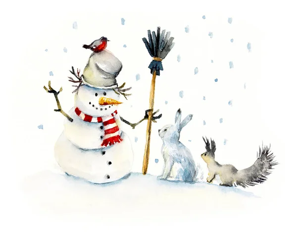 Meeting Snowman Animals Watercolor Hand Dawn Illustration — Stock Photo, Image