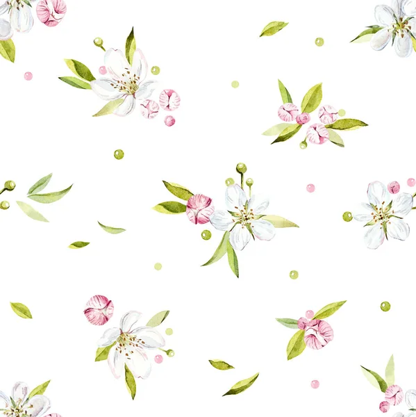 Seamless Pattern Branch Flowers Watercolor Hand Drawn Illustration — Stock Photo, Image