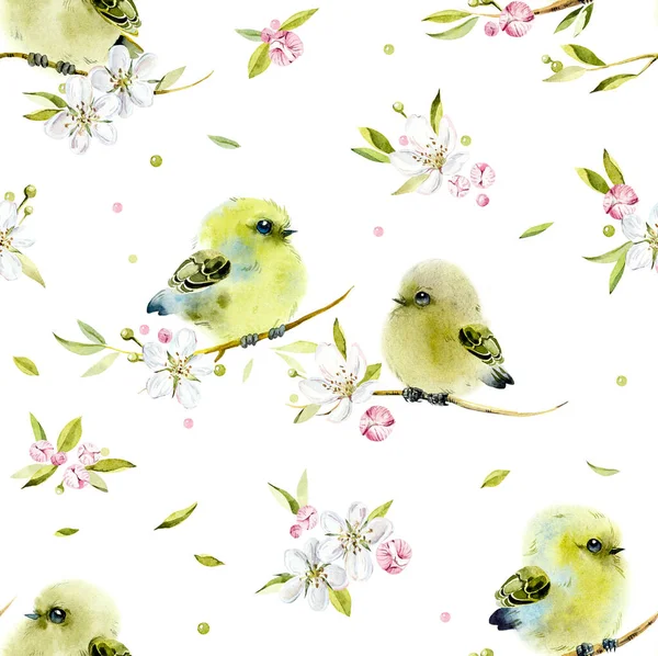 Naadloos Patroon Vogels Een Tak Met Bloemen Decoratie Met Wildlife — Stockfoto