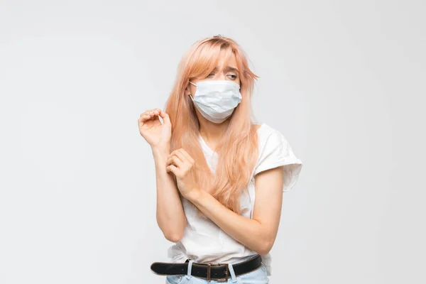 Sad Blonde Woman Medical Mask Scratching Hand Suffer Itchy Dry — Stock Photo, Image